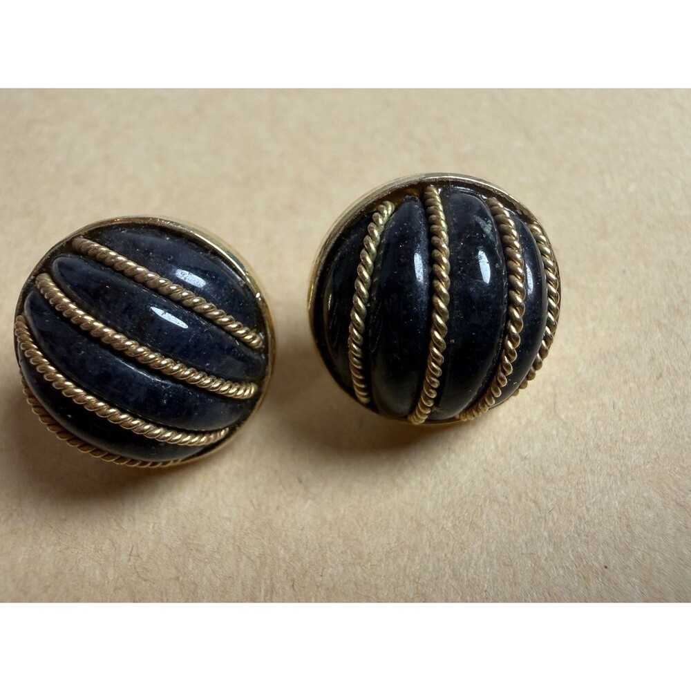 Vintage Hobé Signed Ribbed Black Glass Dome Twisted Gold Wire Wrapped Earrings